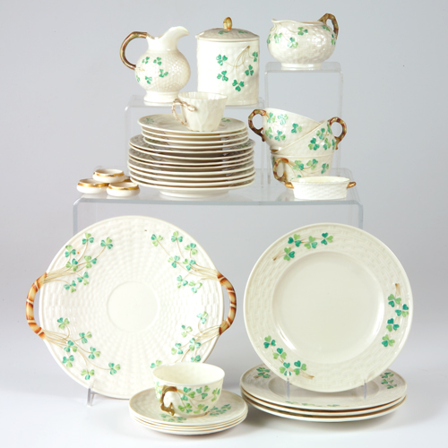 Belleek dessert set with clover design Black marks 9 dia