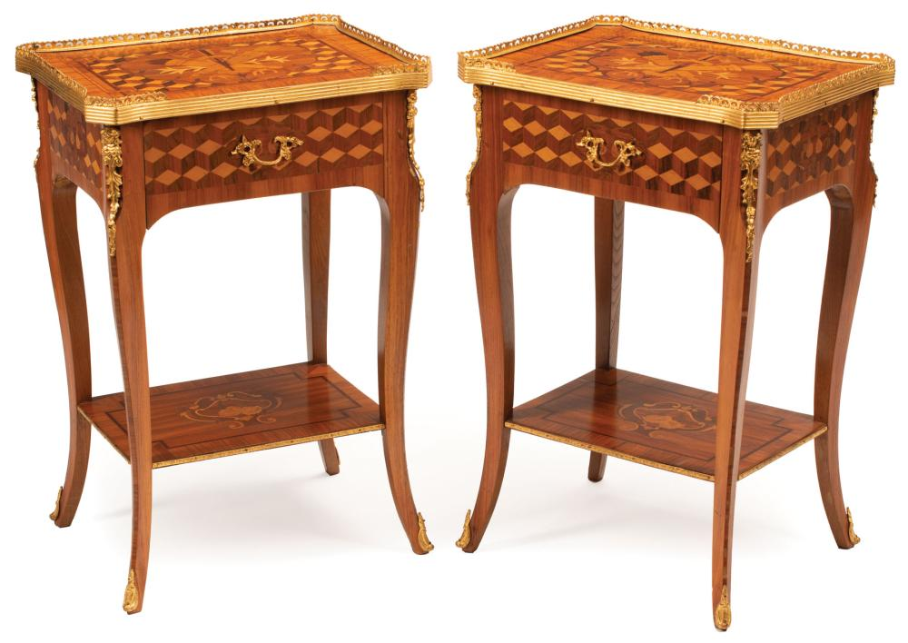 Pair of Louis XV Style Bronze Mounted Marquetry and Parquetry