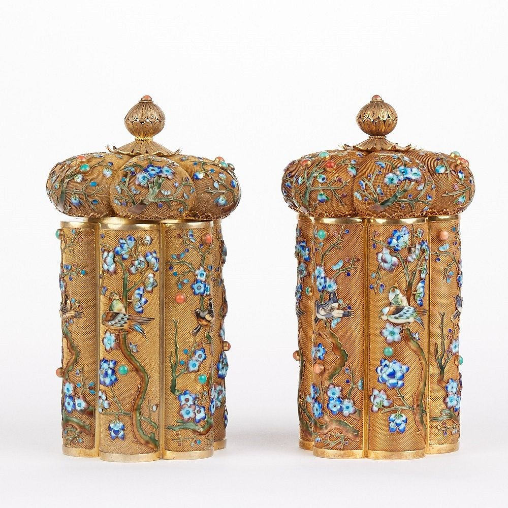 Pr Chinese Export Enameled Silver Tea Caddies Pair of Chinese