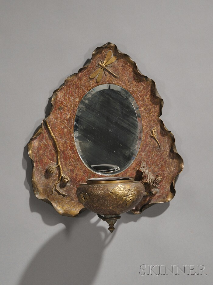 Art Nouveau Bronze Mirrored Wall Fixture with Applied Decoration Patinated
