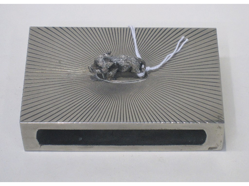 White metal matchbox holder with wild boar mount