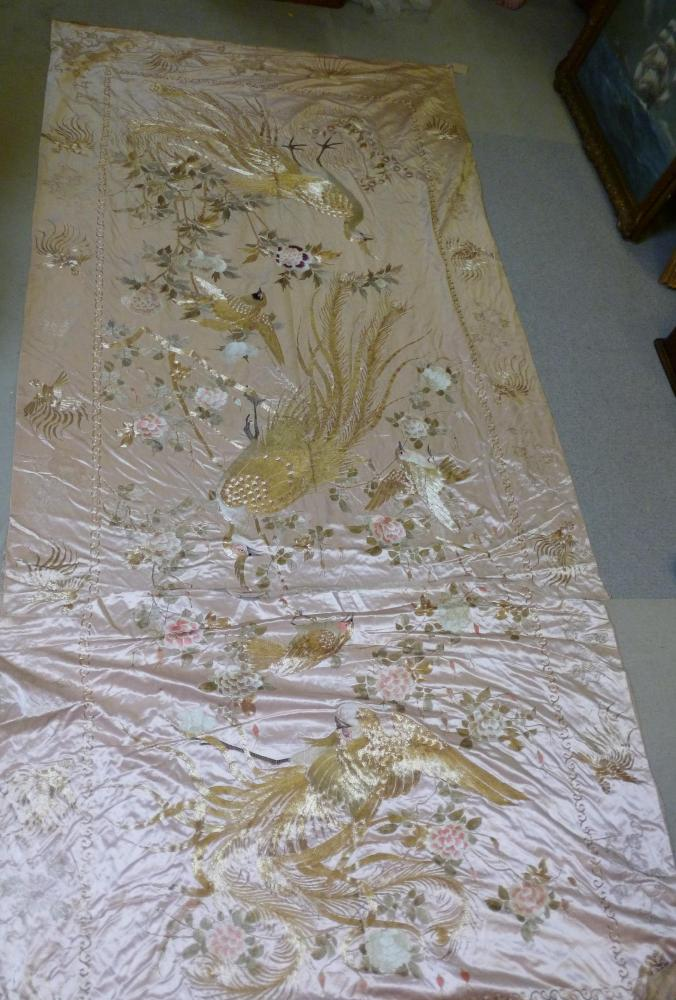 A CHINESE SILK HANGING mid 19th century embroidered in pastel