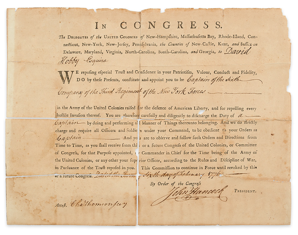1776 APPOINTMENT AMERICAN REVOLUTION HANCOCK JOHN Partly printed Document Signed