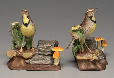 Two Boehm bird figurines meadowlarks with dandelions mushrooms beaks open