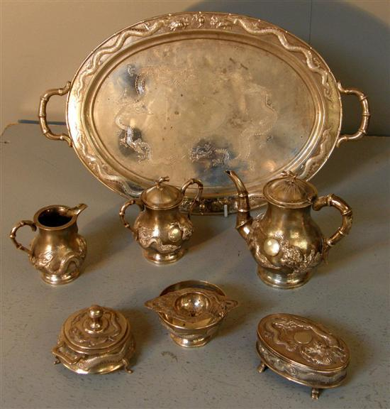Early twentieth century Chinese white metal six piece tea service