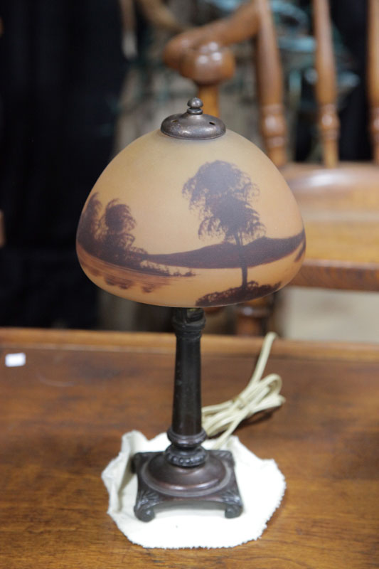 BOUDOIR LAMP Bronze base with reverse painted shade depicting saleboats