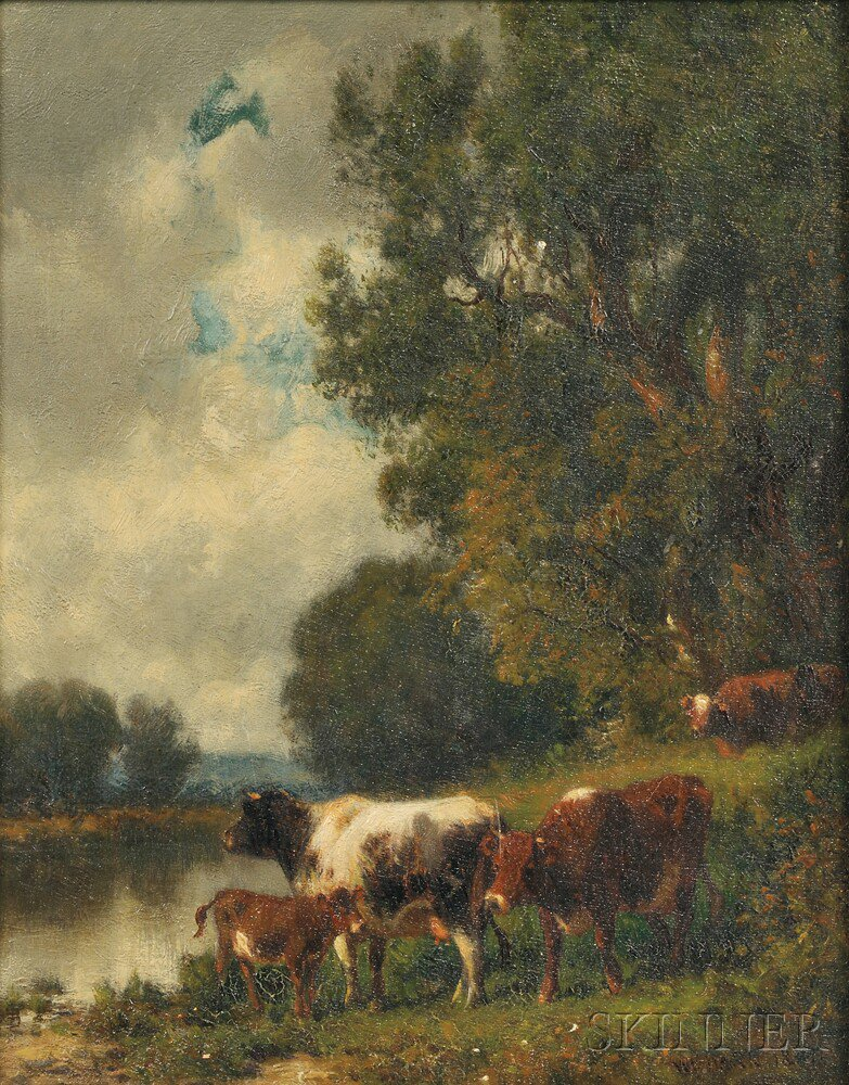 William Hart American 1823 1894 Cattle near a River Signed