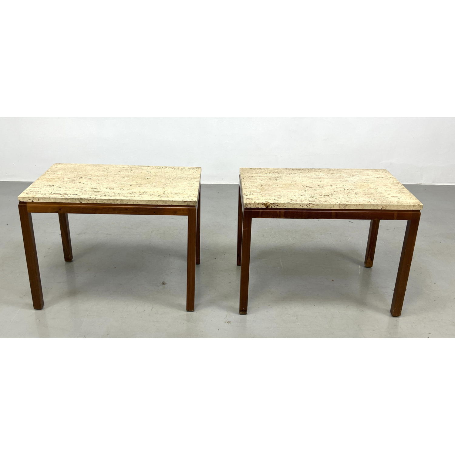 Pr American Modern Walnut Travertine Marble Tables Walnut Frame Side