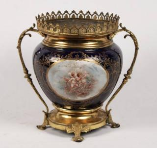 FRENCH BRONZE MOUNTED SEVRES JARDINIERE FRENCH BRONZE MOUNTED COBALT GROUND