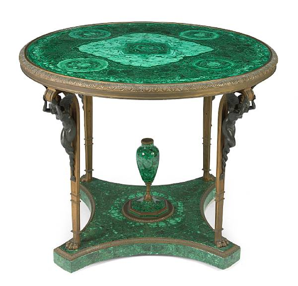 A good quality gilt and patinated bronze and malachite veneered