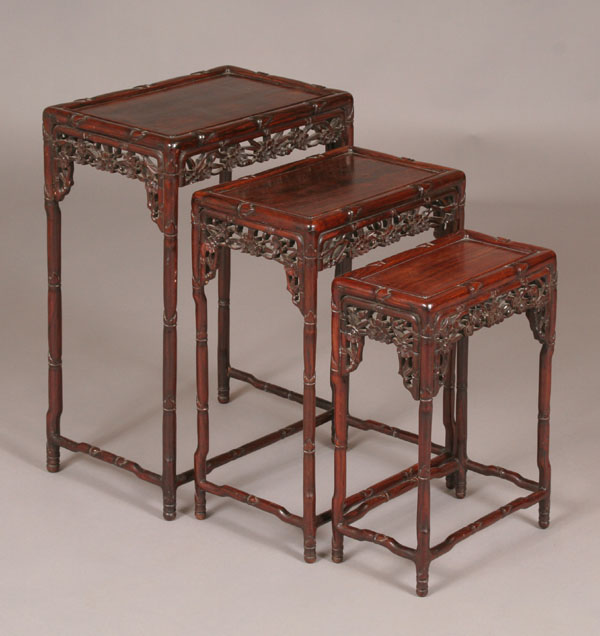 Set of 3 teak nesting tables with carved floral aprons