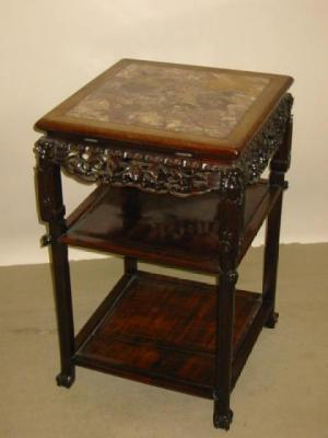 A CHINESE CARVED PADOUK WOOD JARDINIERE STAND of square form