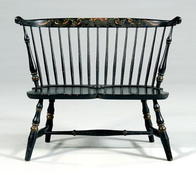 Paint decorated Windsor settee fruit bird and ribbon decorated crest