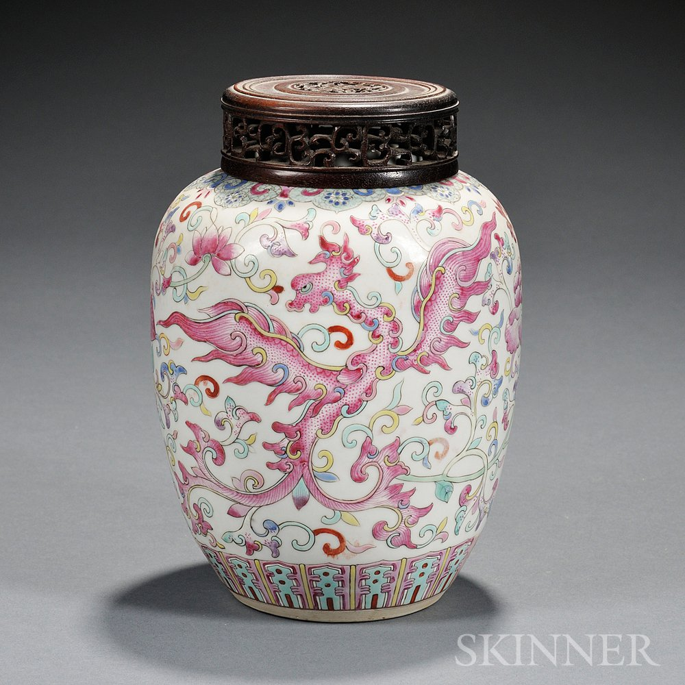 Enameled Jar China elongated bulbous shape with short mouth resting