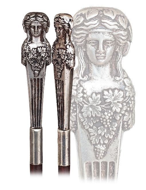 Silver Dress Badine Cane Ca 1900 Straight and long figural