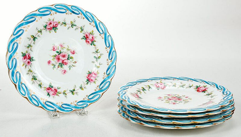 Set of Five Rose Decorated Porcelain Plates British early 20th