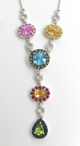 MULTI COLOR GEMSTONE AND DIAMOND NECKLACE 14k white gold and