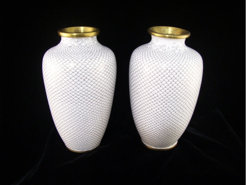 Pair White Cloisonne Vases White cloisonne vases with a fish