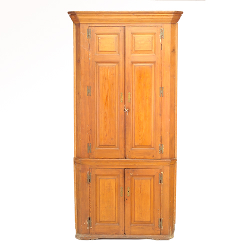 American pine corner cupboard late 18th c with two over