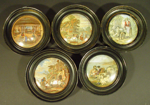 Five Victorian Prattware pot lids each printed in colour and