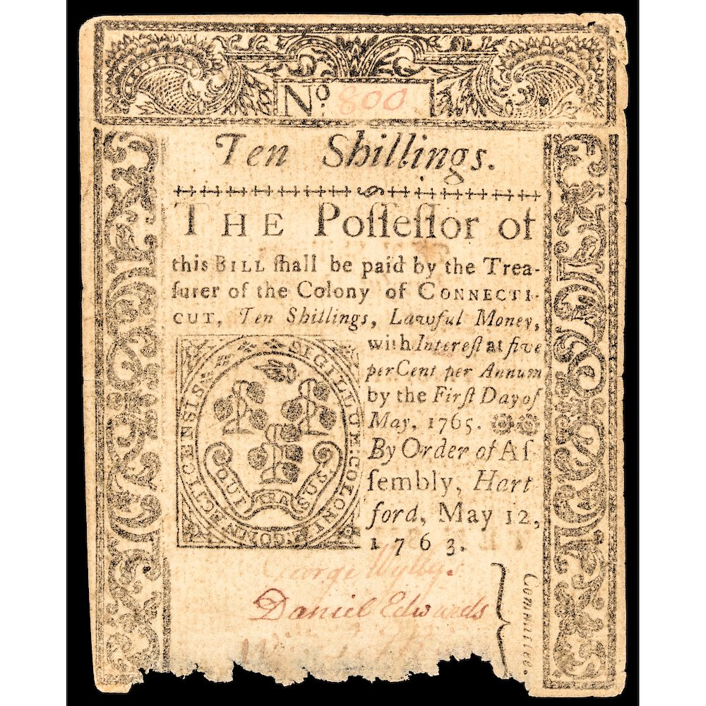 Colonial Currency Connecticut May 12 1763 Ten Shillings Genuine PCGS