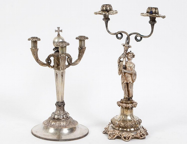 TWO CONTINENTAL SILVER CANDELABRAProbably 19th Century Both marked indistinctly The