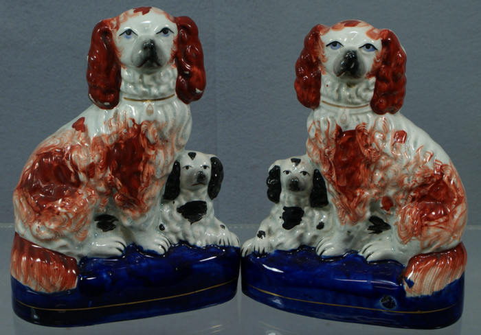 Pr Staffordshire double spaniel figurines cobalt platform bases 7 1