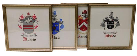 Four signed 20th C hand painted family crests with calligraphic