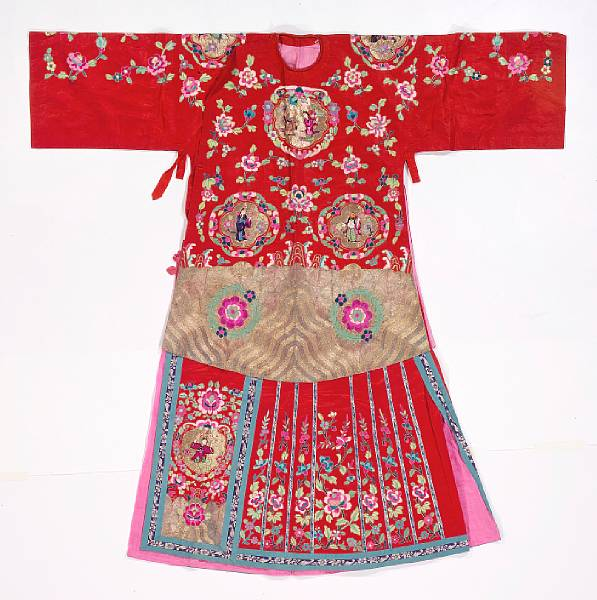 A red silk ground embroidered coat and skirt 20th Century