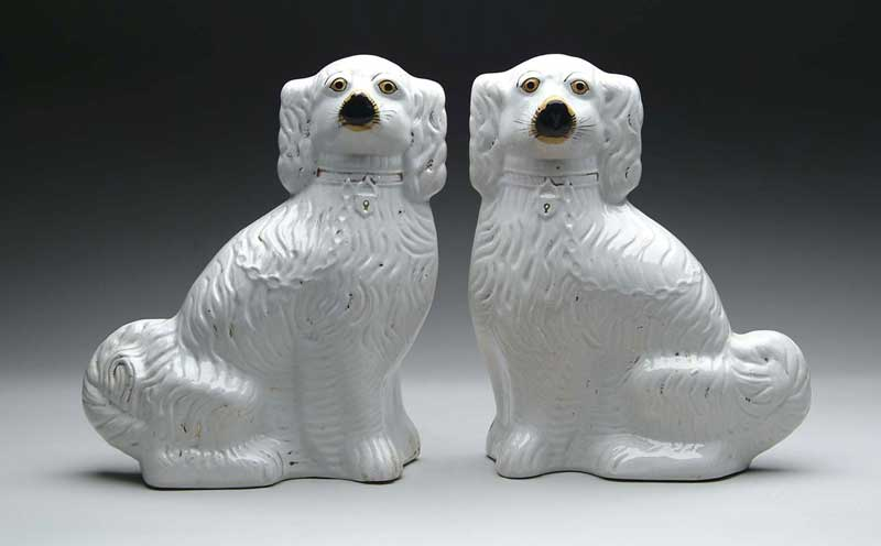 PAIR OF ANTIQUE ENGLISH STAFFORDSHIRE OVERSIZE SEATED SPANIELS Black red