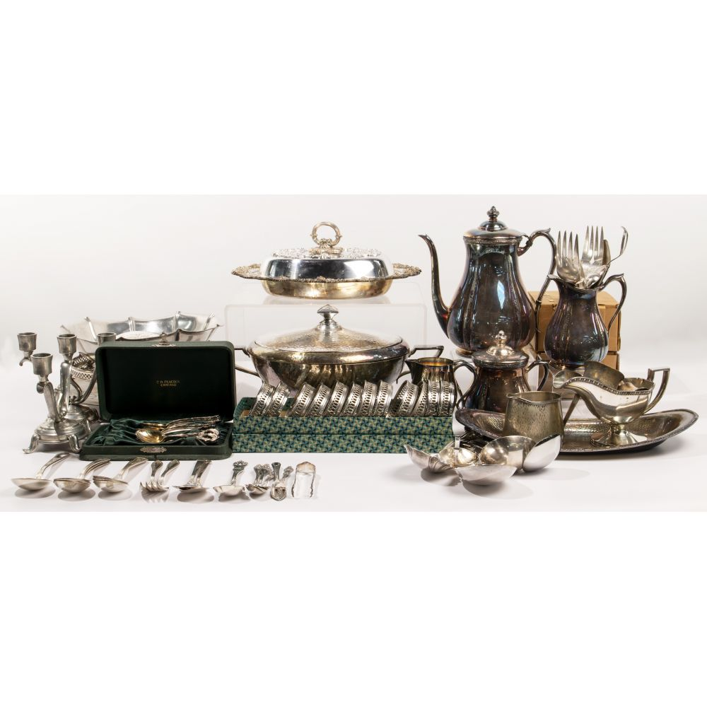 SILVERPLATE HOLLOWWARE AND FLATWARE ASSORTMENTOver 20 pounds including Barber covered