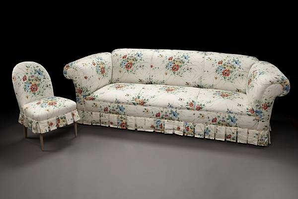 An American floral upholstered sofa and side chair mid 20th