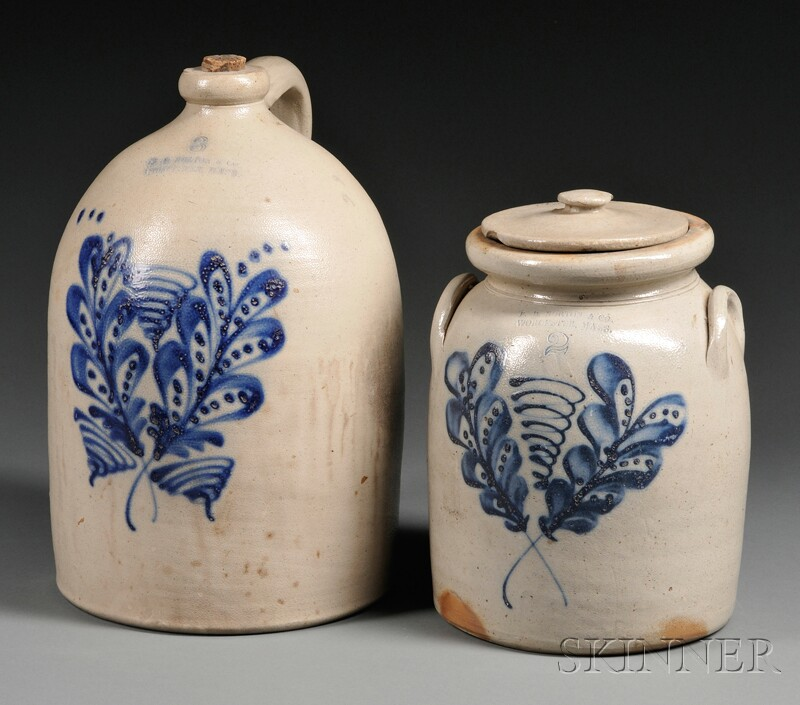 Cobalt Blue Decorated Stoneware Crock and Jug F B NORTON