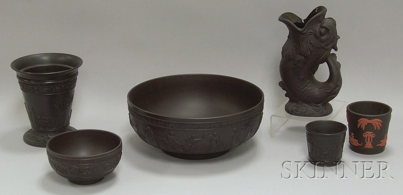 Five Wedgwood Black Basalt Items and a Solid Jasper Pot