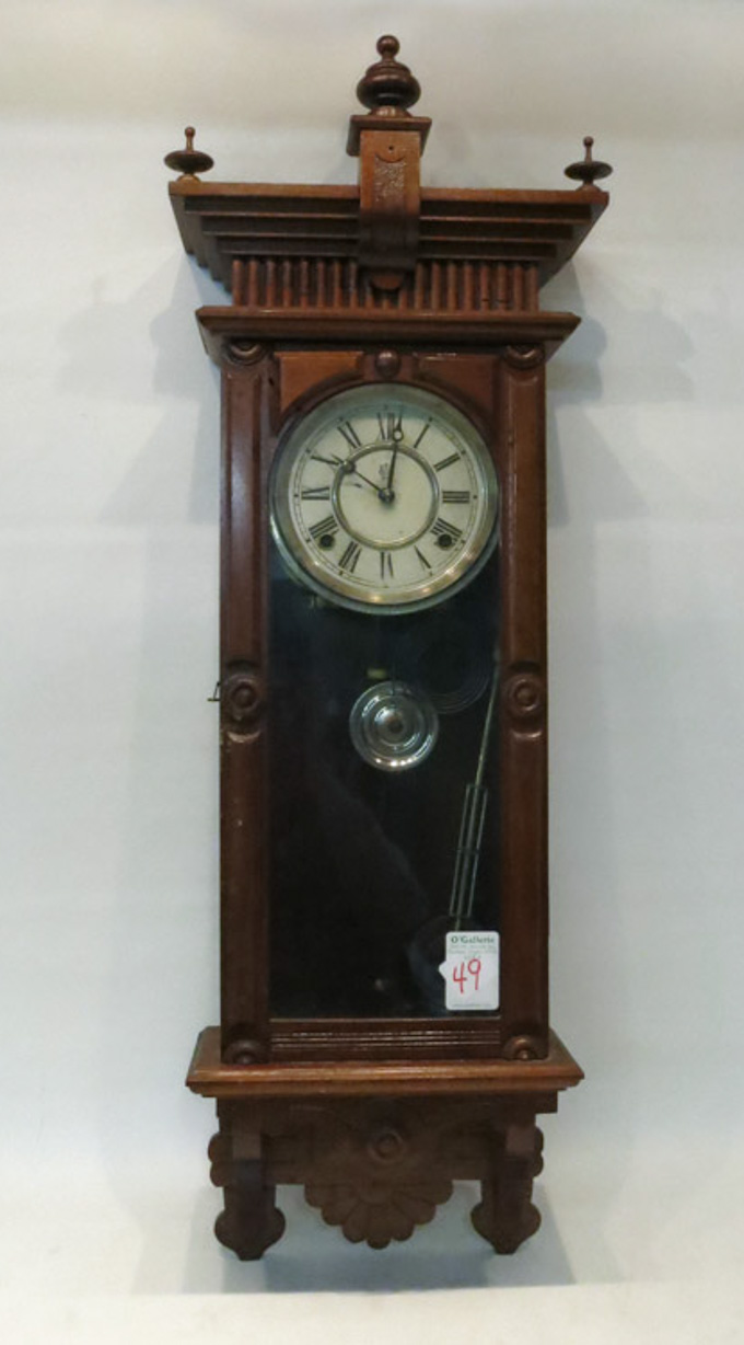 WATERBURY WALNUT CASE WALL CLOCK eight day spring wound time