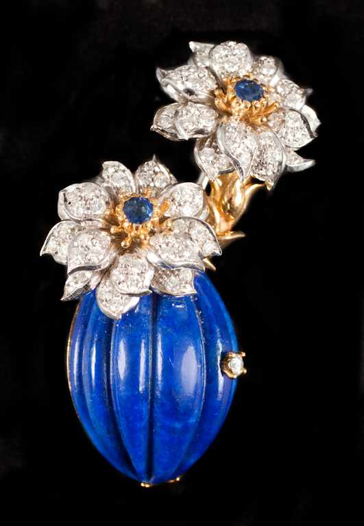 18K yellow gold platinum diamond sapphire and carved lapis lazuli