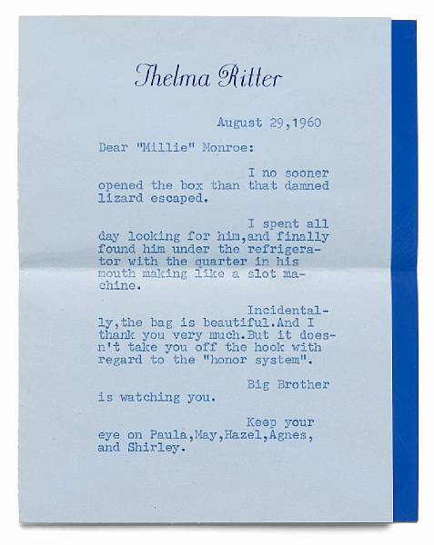 A Marilyn Monroe received note from Thelma Ritter 1960 Typed