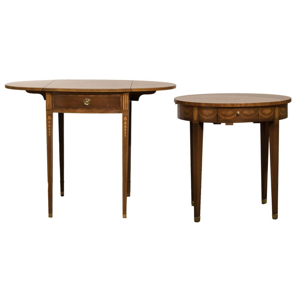 BAKER OCCASIONAL INLAY TABLES 2 items including an oval drop