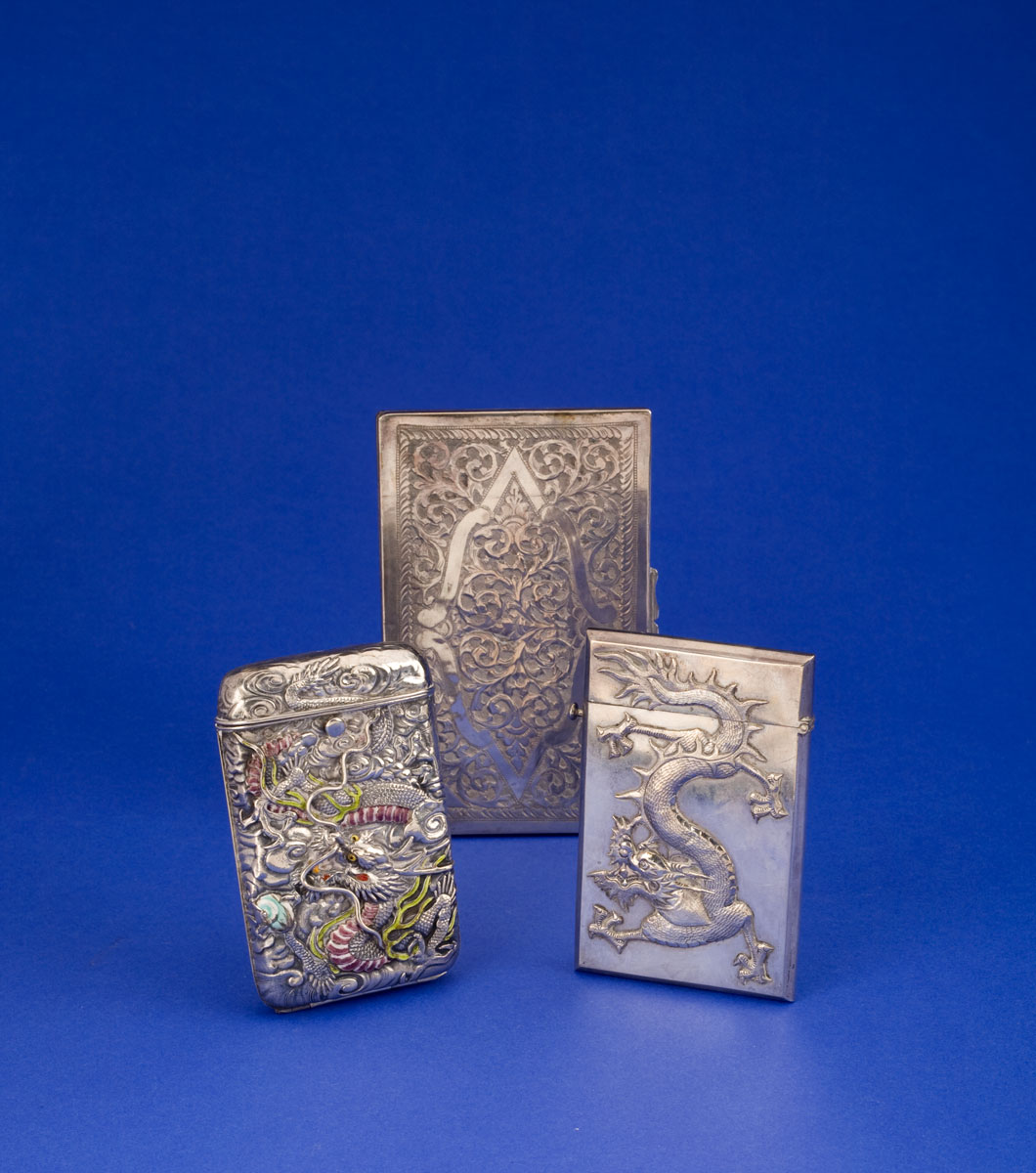 CHINESE EXPORT SILVER CARD CASE AND TWO CIGARETTE CASES The
