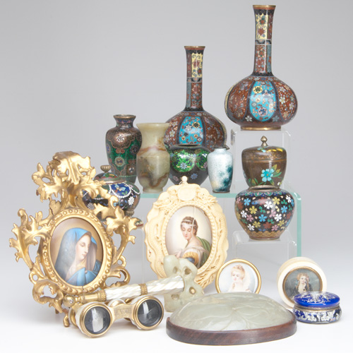 OBJETS DE VERTU Group of vitrine items mostly ca 1900