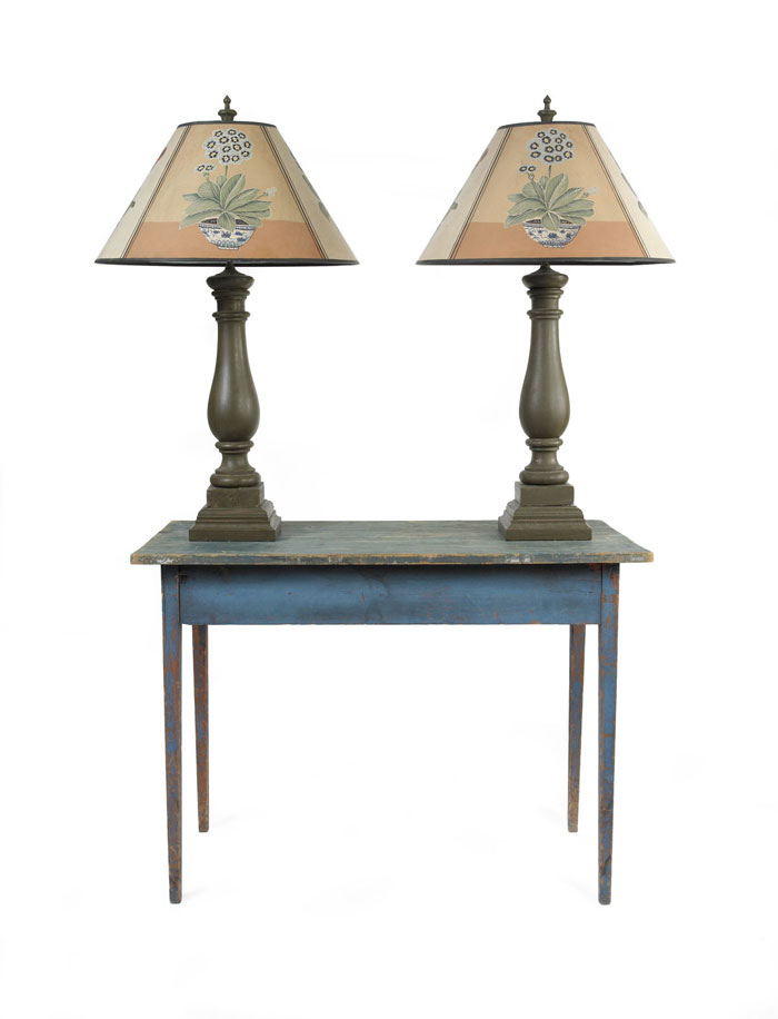 PAIR OF TURNED AND BROWN PAINTED BALUSTER FORM LAMPS WITH