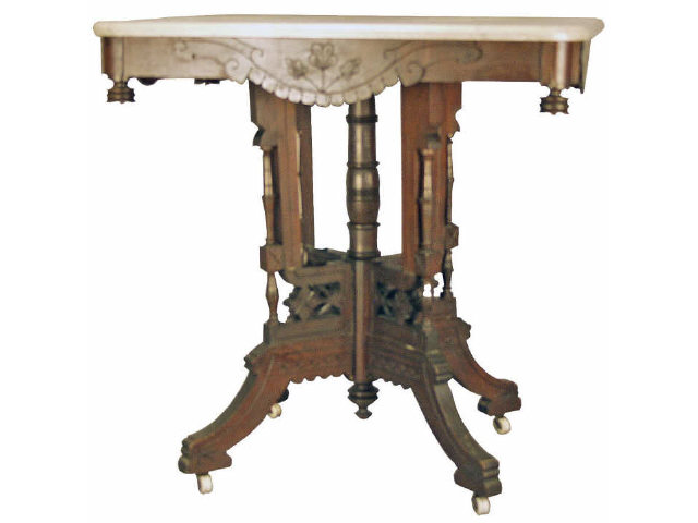 Rouge marble top Victorian parlor table carved walnut base in