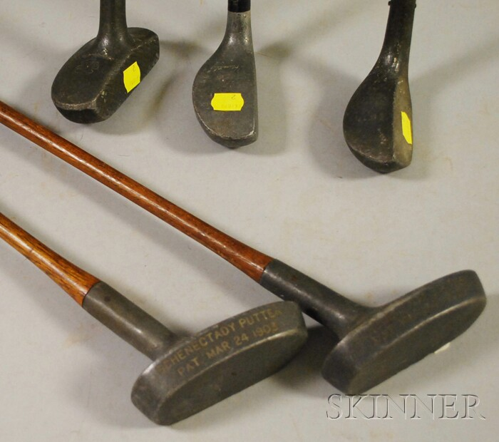 Five Wood Shaft Golf Putters including English Huntley two Schenectady