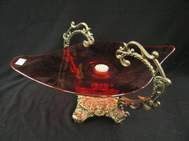 Ruby Glass Centerpiece bronzed base