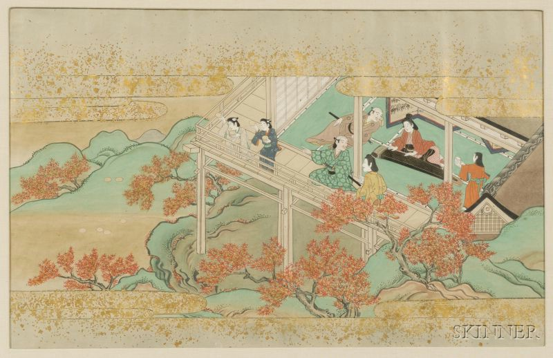 Scroll Painting Japan 19th century scene of courtiers viewing autumn