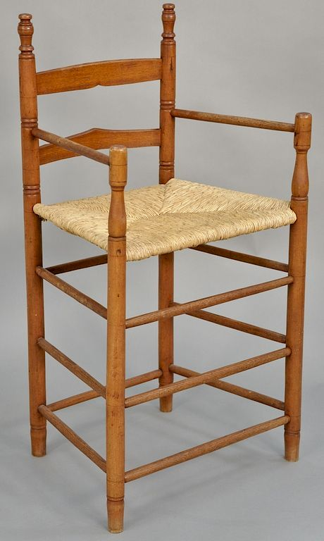 Primitive two slat tall chair with woven seat on turned