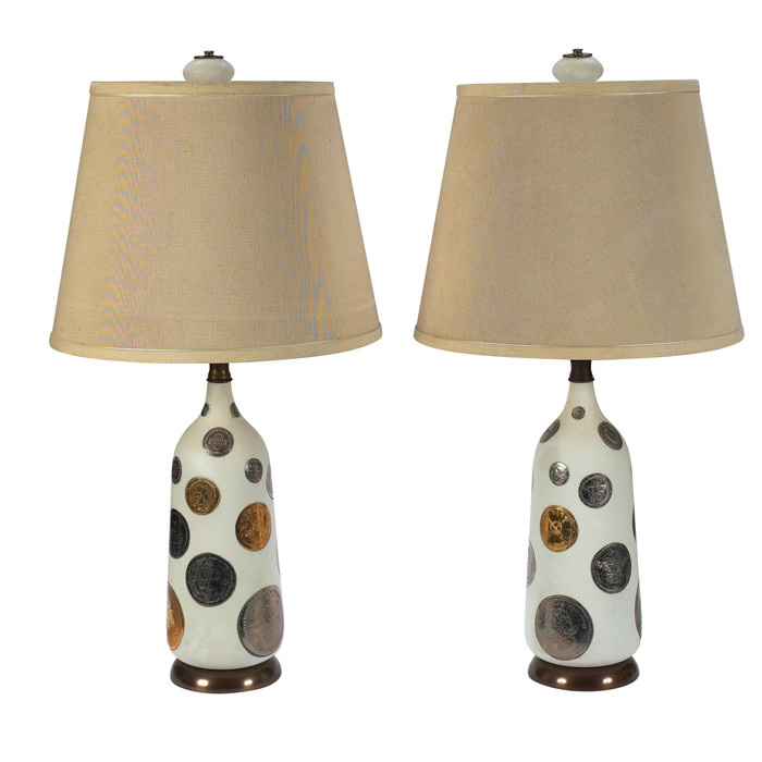 Midcentury blown glass lamps pair opaque frosted white glass with