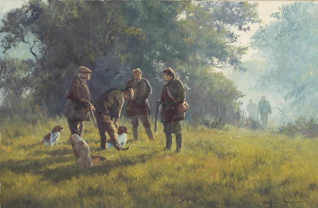 Comparing Notes signed Stephen Hawkins lower right oil on canvas