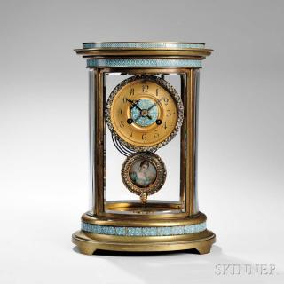 Oval Champleve Brass and Glass Clock France c 1890 oval