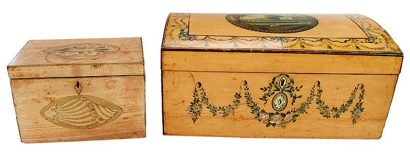 Painted Letter Box and Inlaid Tea Caddy British 19th century